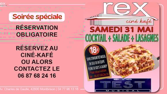 Soirée lasagnes au ciné kafé le samedi 31 mai 2025 à partir de 19 h