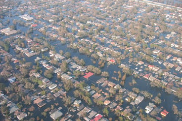 Aerial view of flooded New Orleans homes