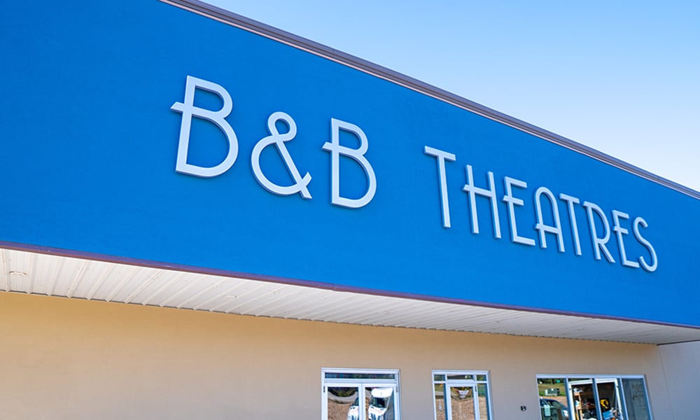 exterior sign on building. Giant white letters reads: B&B THEATRES
