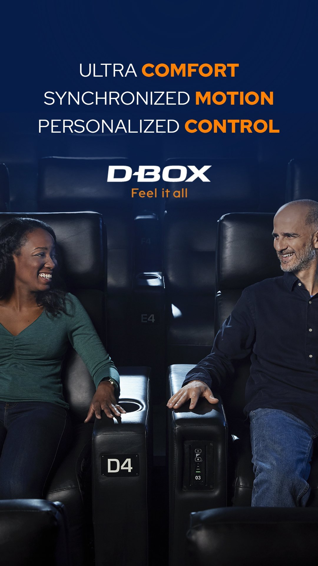 man and woman sitting in black chairs with hands on armrests. Text above their head reads: Ultra Comfort Synchronized Motion Personalized Control