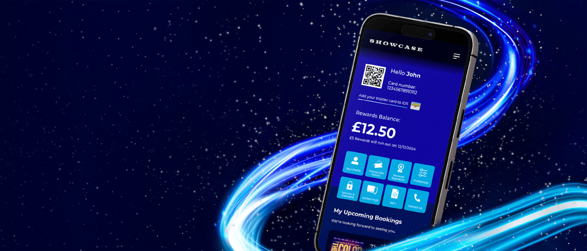 a mobile phone with the showcase cinema app opened, on a dark blue background