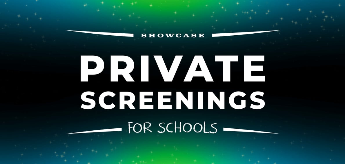 Private screenings for schools in white text on a blue background