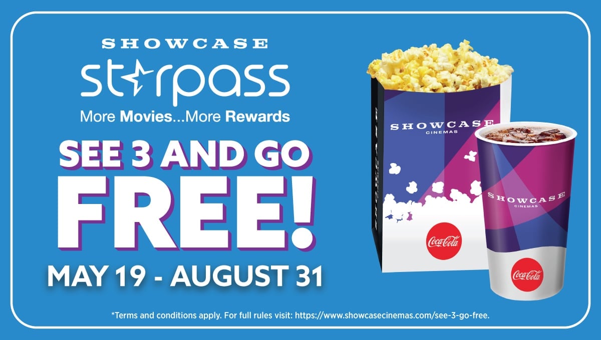 Starpass members who purchase a ticket and any food and beverage item on three separate days by August 31 will earn a FREE movie ticket.