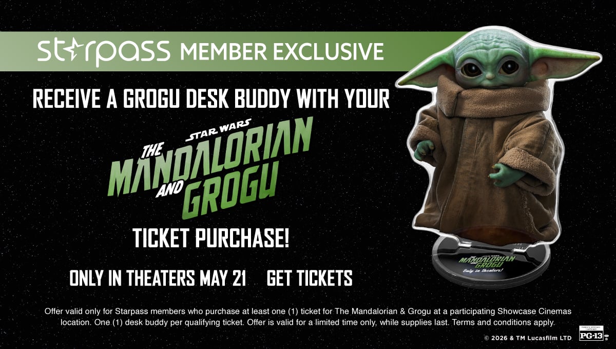 Starpass members receive a Grogu desk buddy with your Star Wars: The Mandalorian and Grogu ticket purchase.
