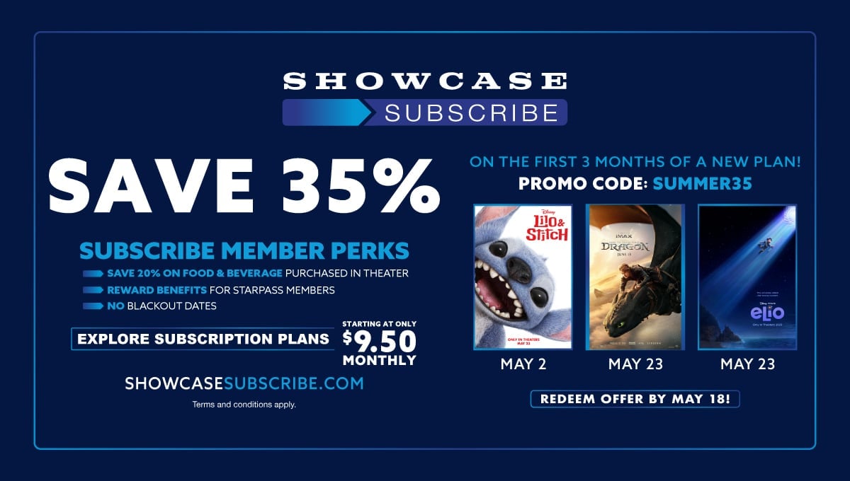 SAVE 35% with promo code SUMMER35 on the first three months of a new Showcase Subscribeplan!