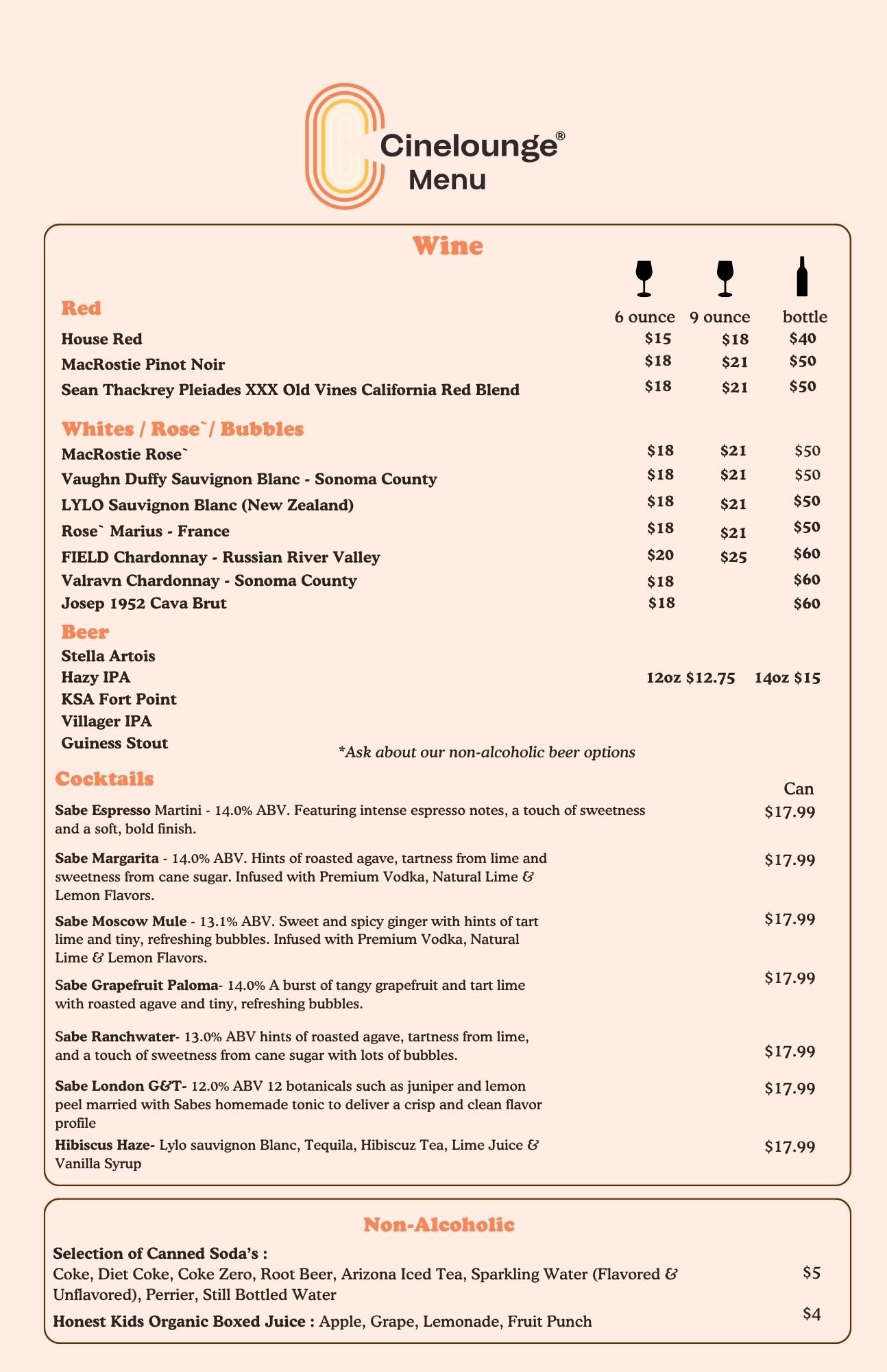 Dine-In Drinks Menu