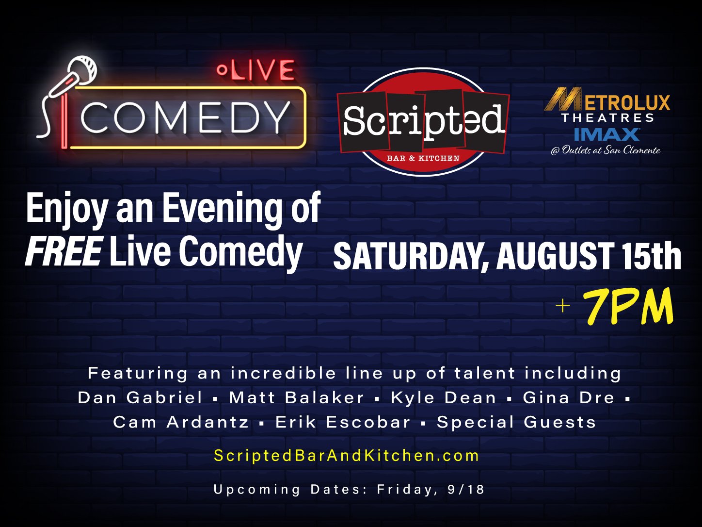Free Comedy Night at Scripted Bar & Kitchen @ MetroLux Theatres