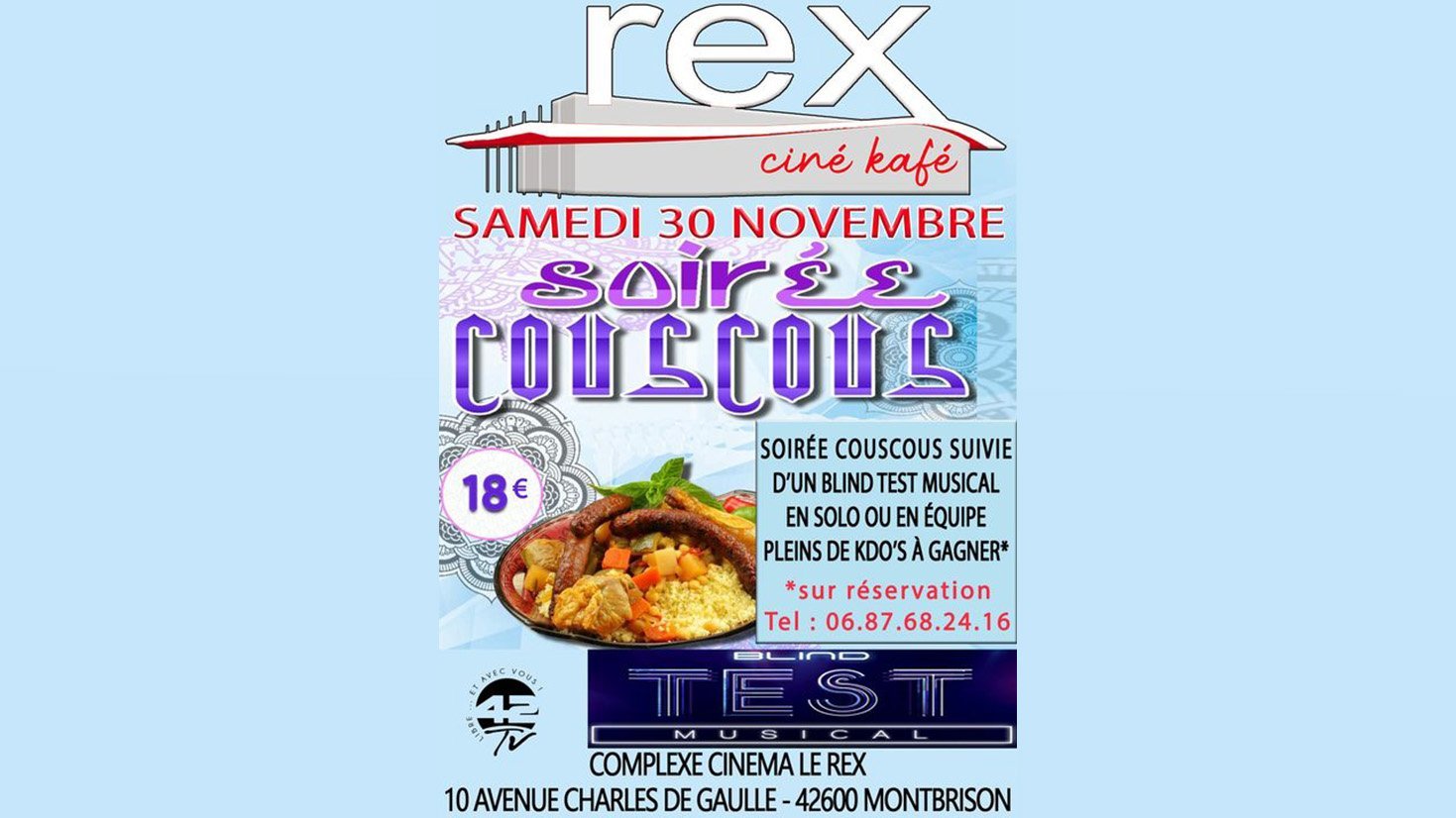 Soirée couscous au ciné-kafé le samedi 30 novembre 2024 à partir de 19 h