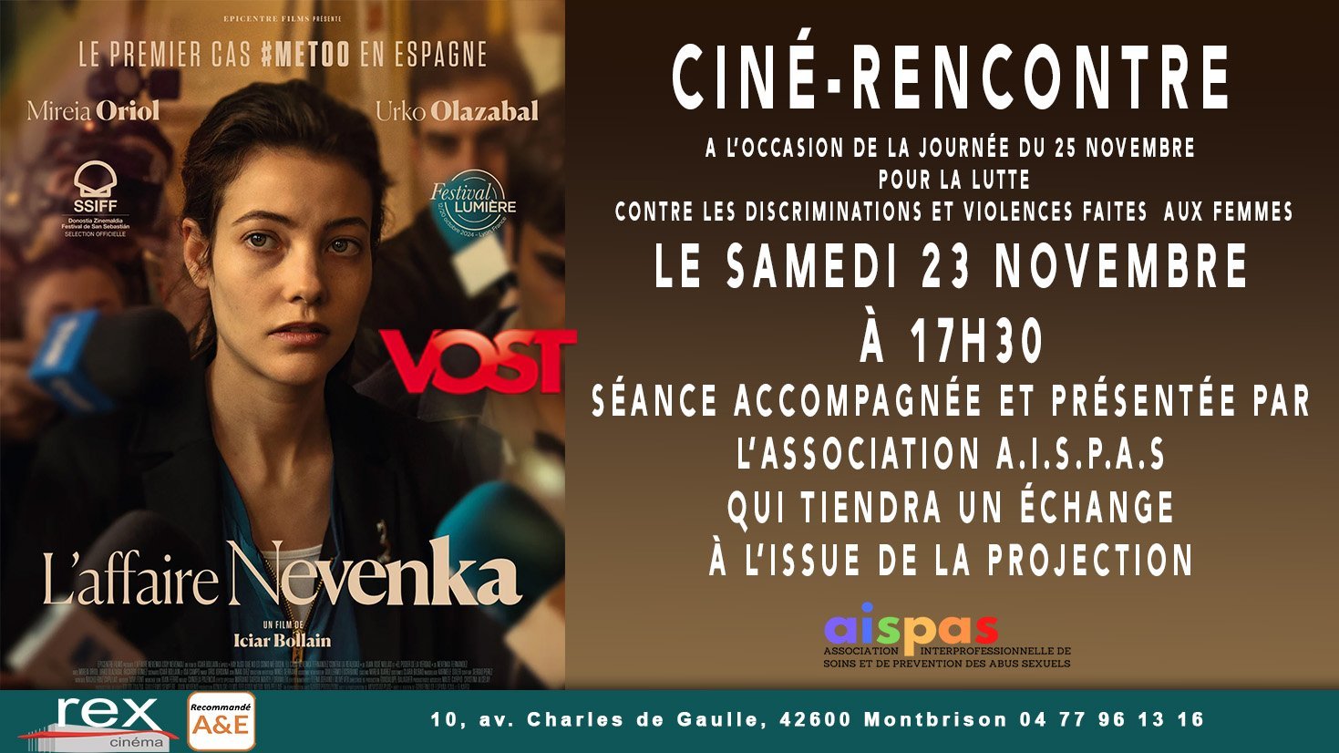 Ciné-rencontre : "L'affaire Nevenka" le samedi 23 novembre 2024 à 17 h 30 en présence de l'association AISPAS de Montbrison 