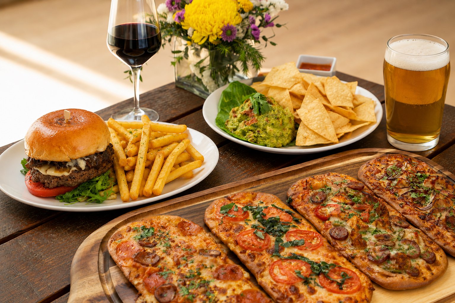 Bar food, beer and glass of wine