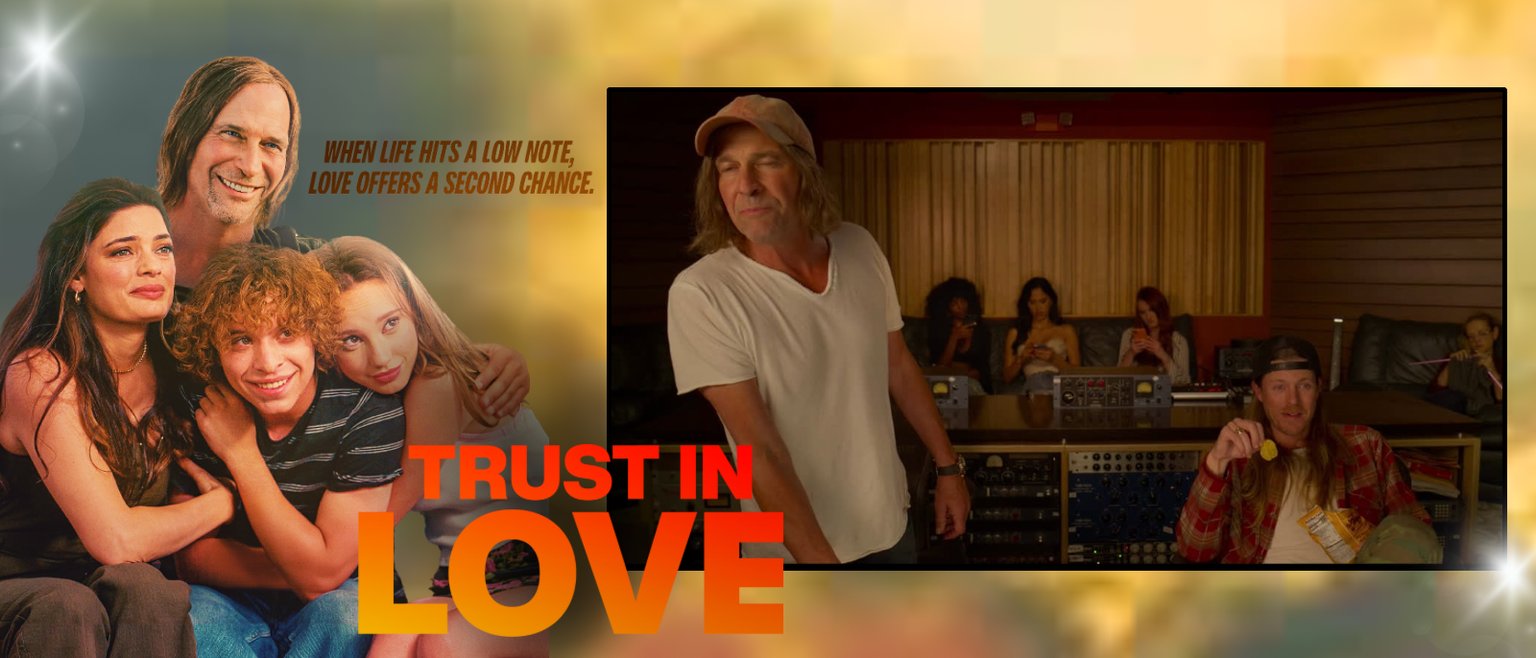A slide for the movie Trust in Love.  One Night Only - Friday, August 9, 2024 @ 7:00 pm.  The movie's tagline, "When life hits a low note, love offers a second chance."  There are two images.  In the first, a man is embracing his wife and two children.  In the other, he is in a recording studio with another man on the sound board and three women in the background.