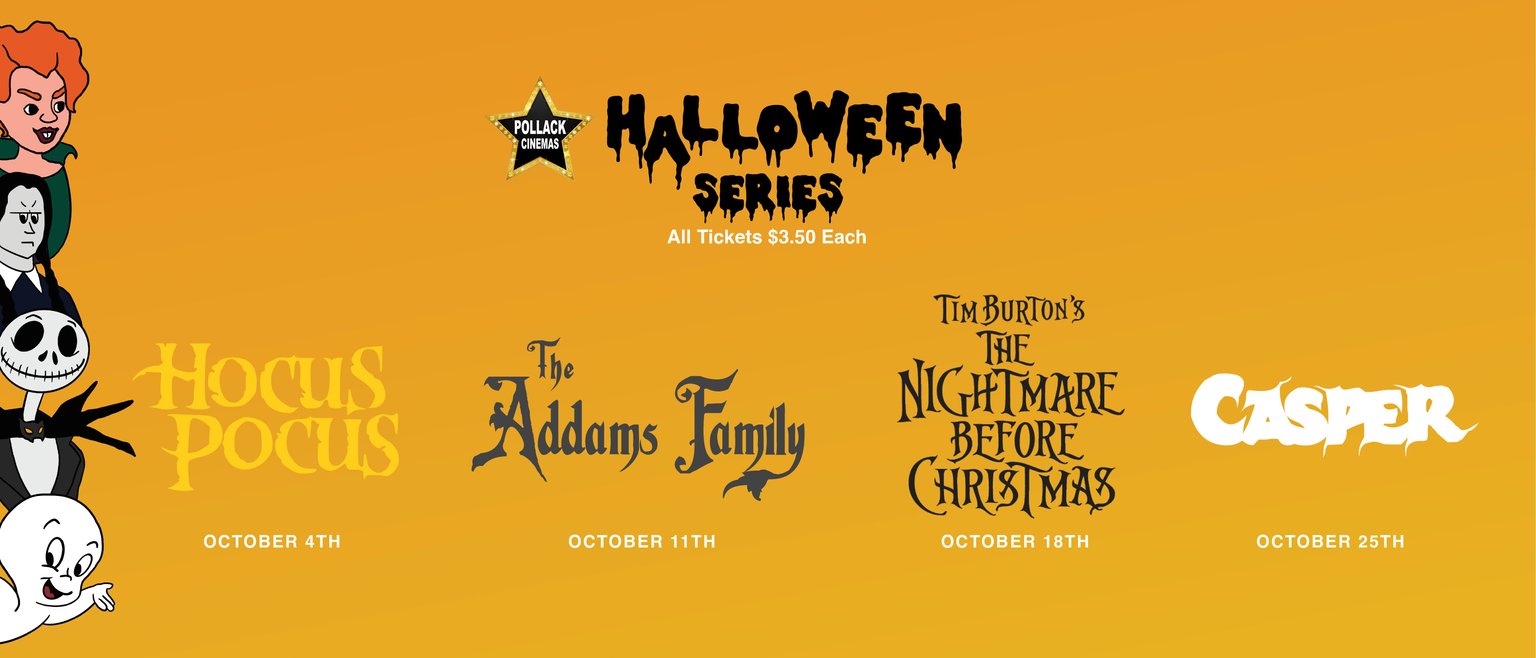 Images of characters from Hocus Pocus, The Addams Family, The Nightmare Before Christmas, and Casper