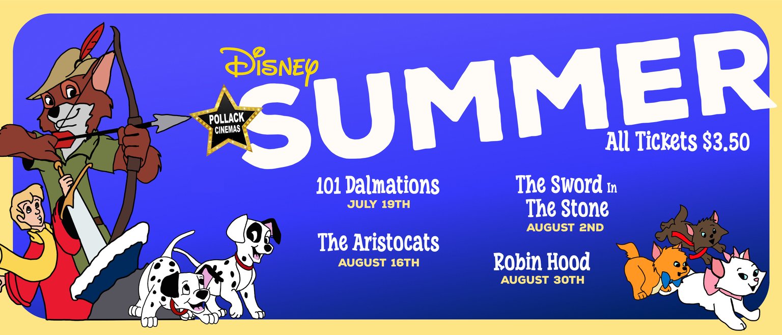 A blue background with Disney Summer and several titles listed with their play dates.  There are also characters from each movie.