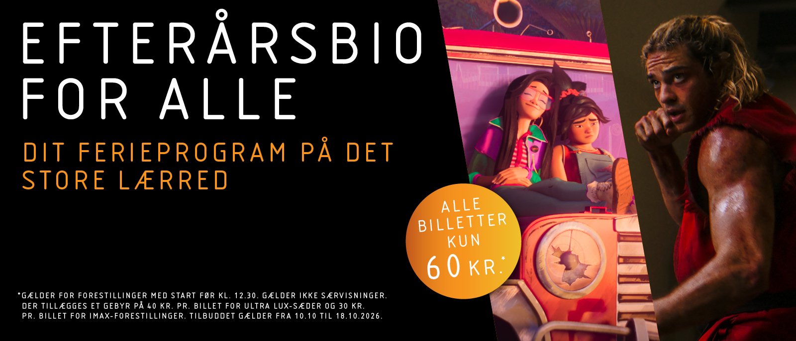 AReklamebanner for Vue Biograferne med teksten "Ferietid er biograftid – Hvert familiemedlem betaler børnepris.Reklamebanner for Vue Biograferne med teksten "Ferietid er biograftid – Hvert familiemedlem betaler børnepris. Spar mindst 30 kr." Billedet viser tre kendte filmfigurer: en Minion fra Despicable Me, Buzz Lightyear fra Toy Story og Spider-Man. Tilbuddet gælder i perioden 11.06.–16.09.2026.