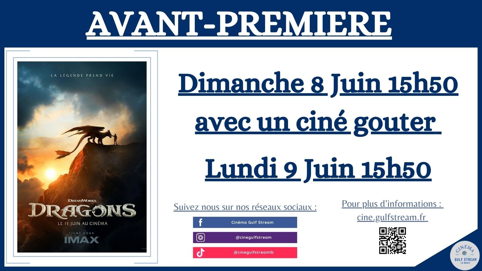 AVANT-PREMIERES "DRAGONS" Dimanche 8 Juin à 15h50 avec un ciné gouter et Lundi 9 Juin à 15h50