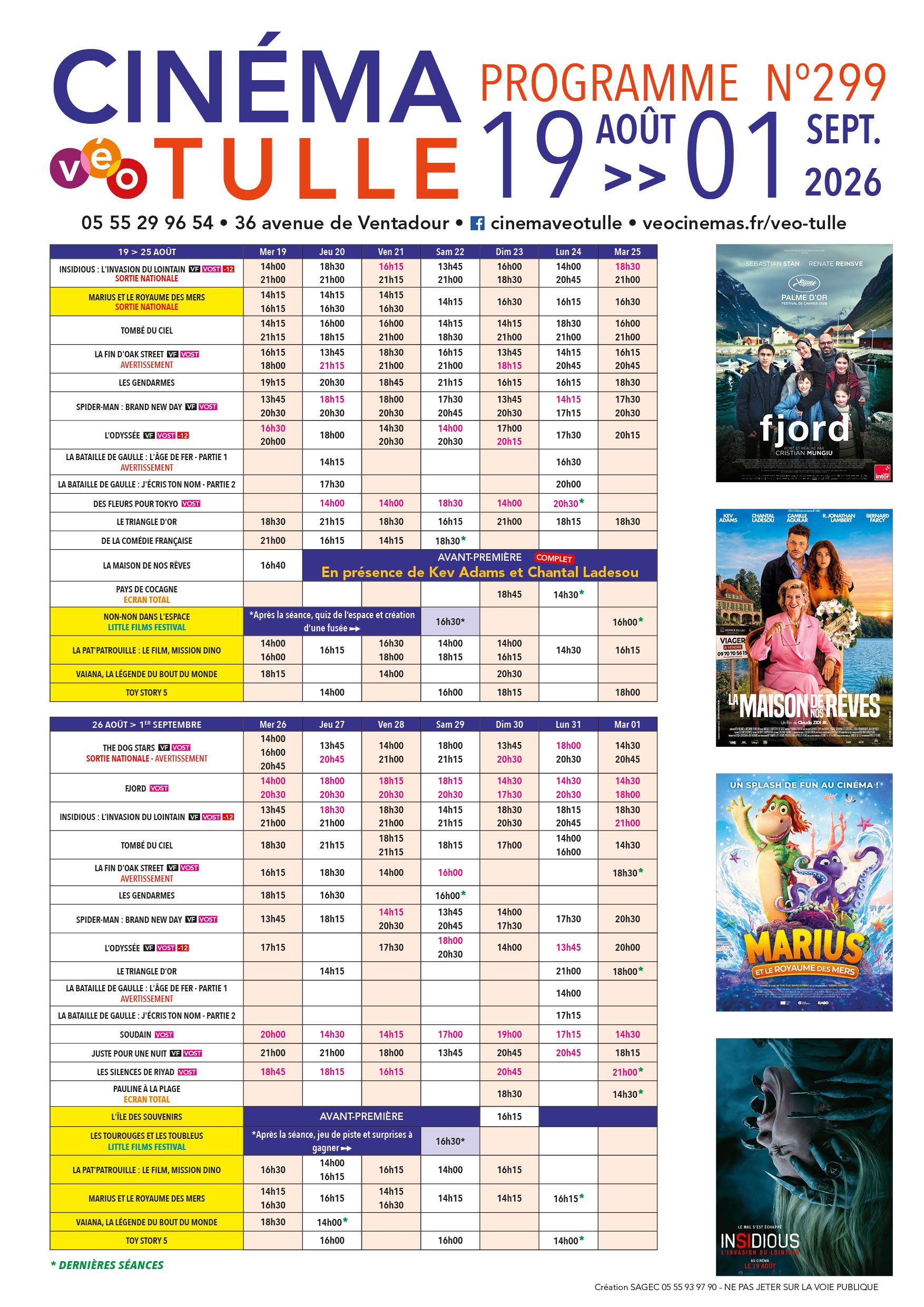 Grille horaire des séances programmées au Véo Tulle