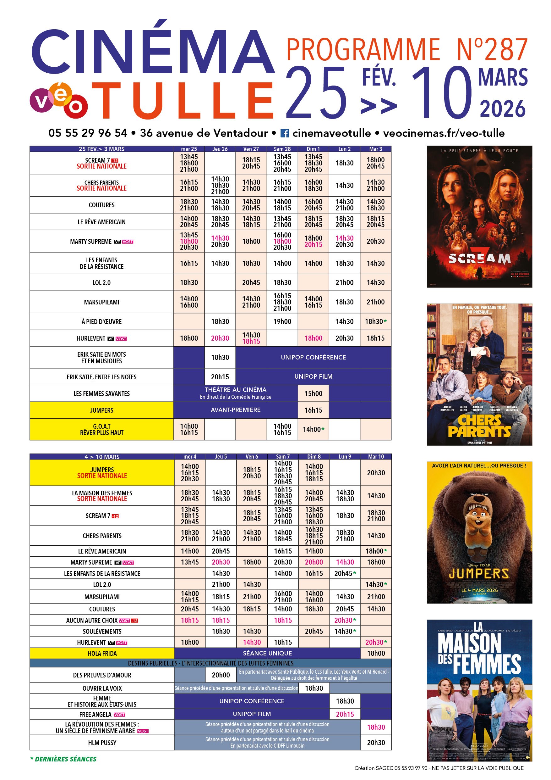 Grille horaire des séances programmées au Véo Tulle