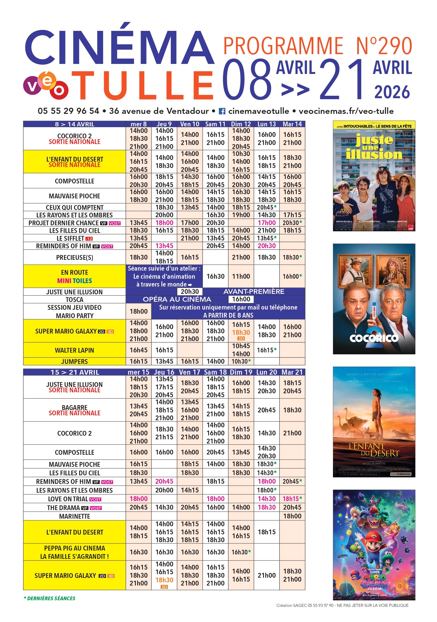 Grille horaire des séances programmées au Véo Tulle