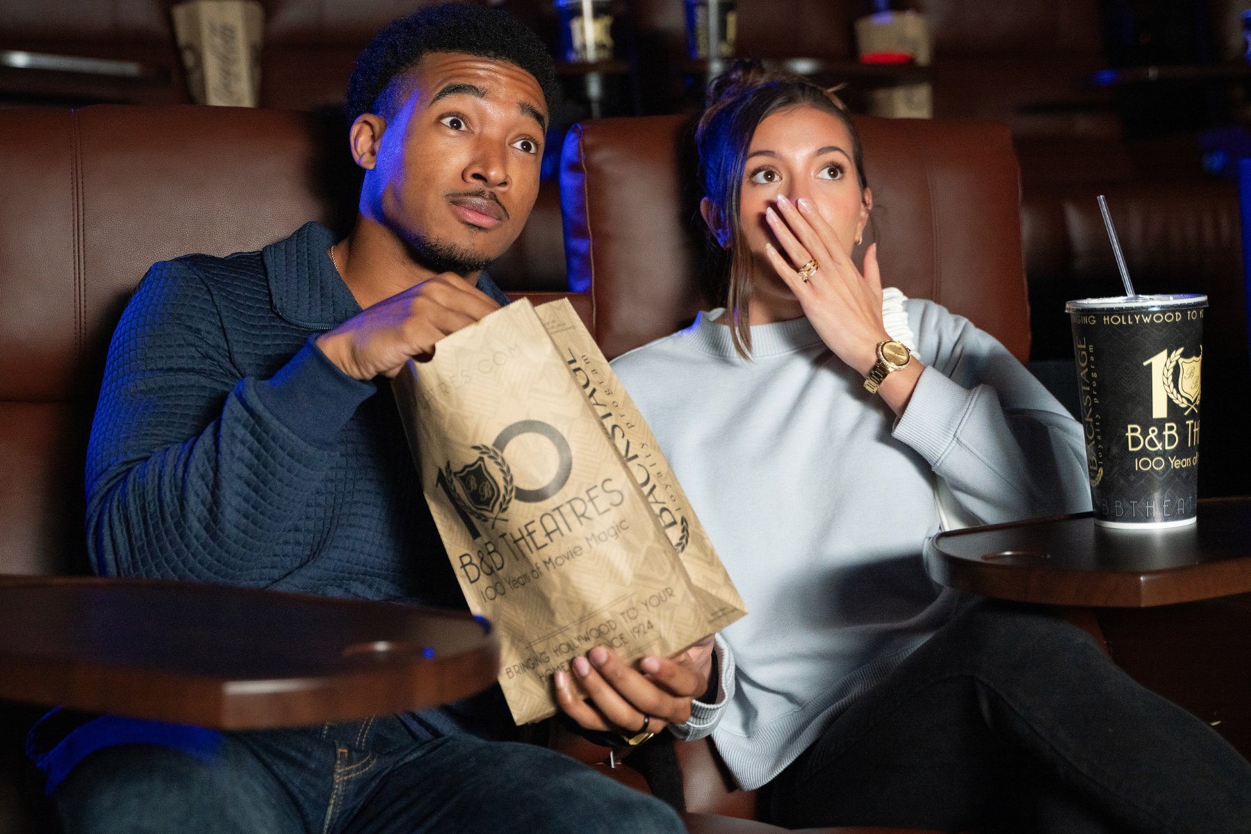 man and woman sitting in recliners. He is holding a popcorn bag & looks surprised. She has a hand in front of her face & looks a little scared.
