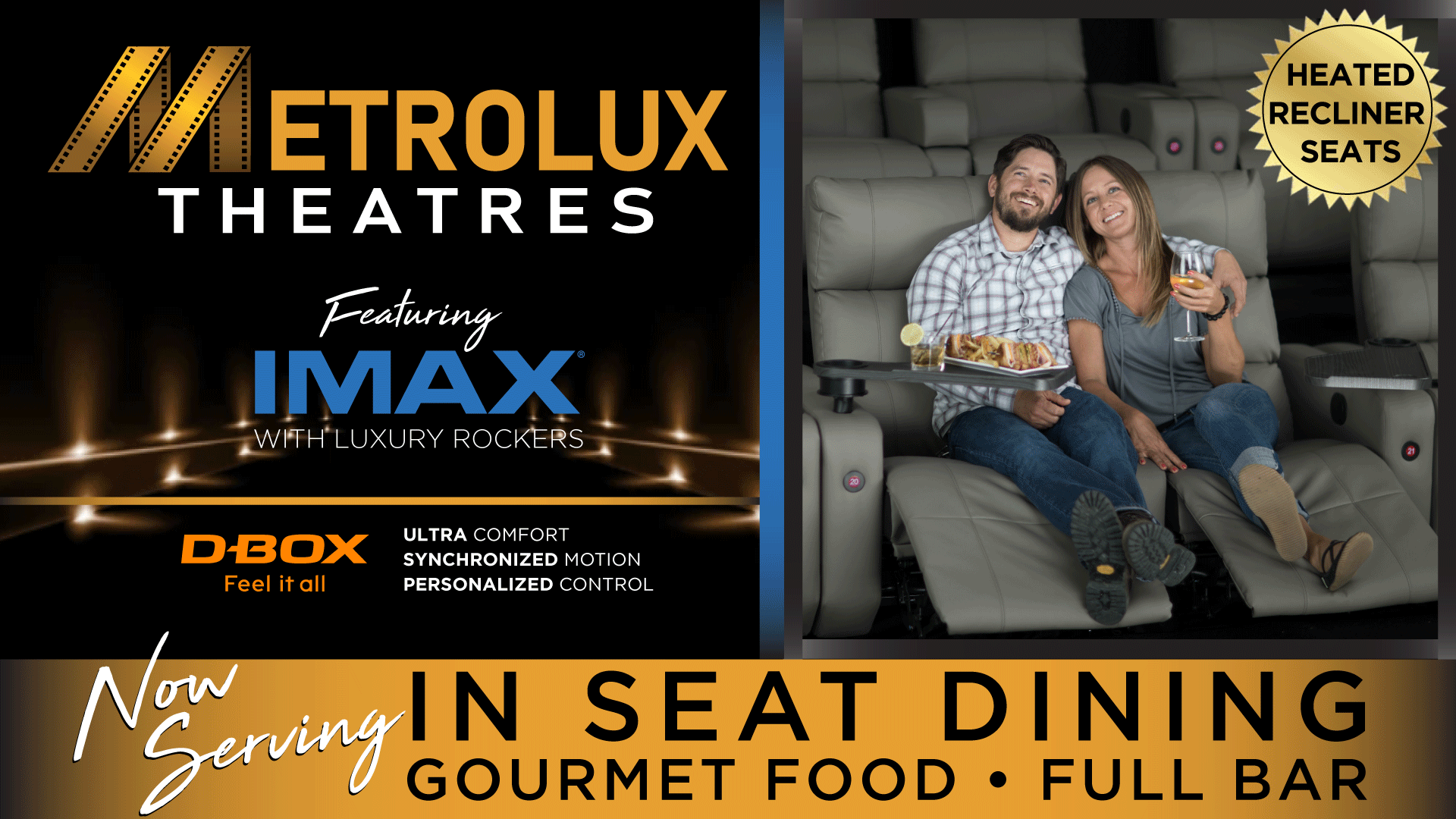 In seat dining. Gourmet food. Full bar.