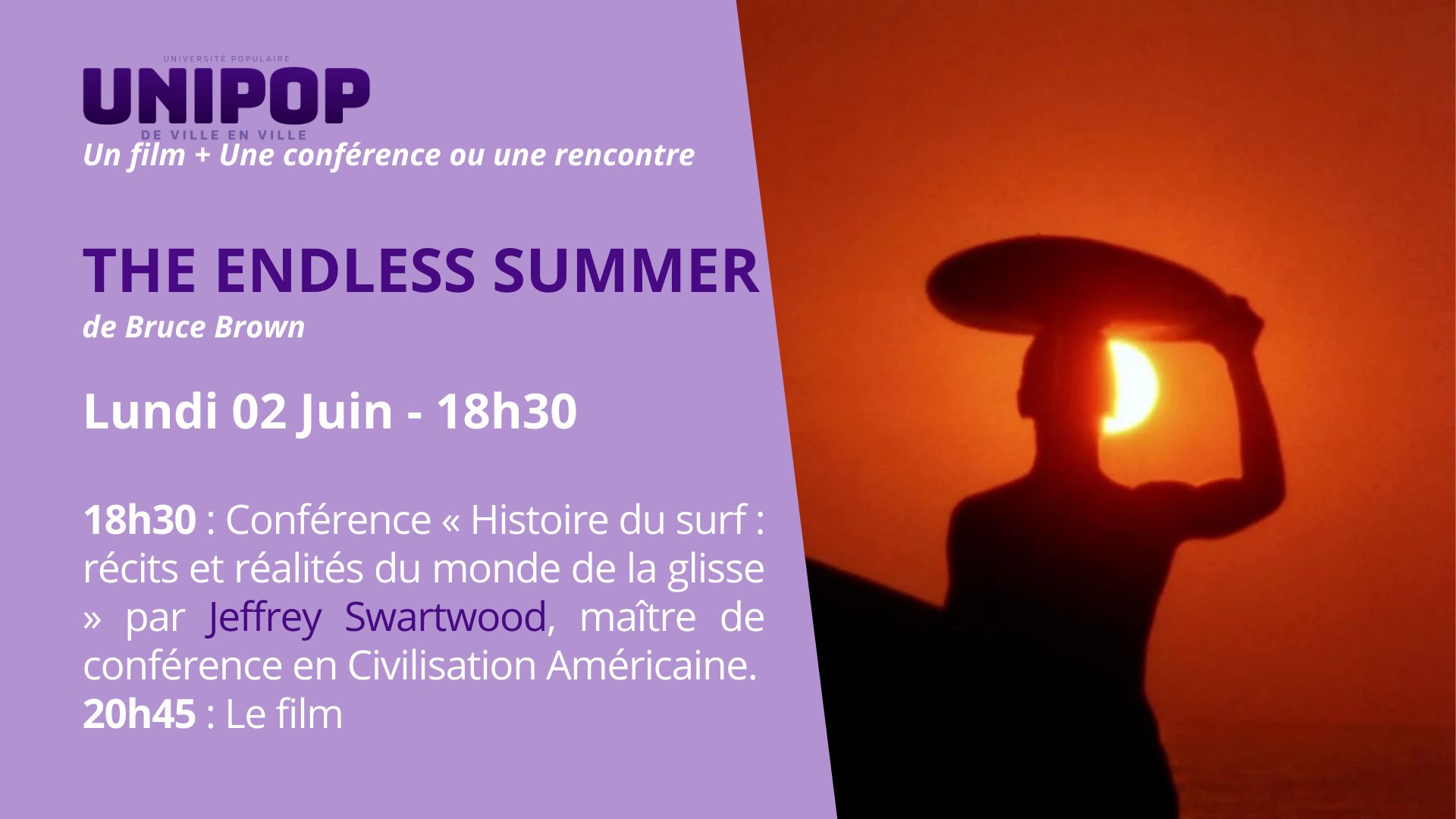 Unipop The Endless Summer Lundi 2 juin 18h30 : Conférence Histoire du Surf par Jeffrez Swartwood, 20h45 : le film.