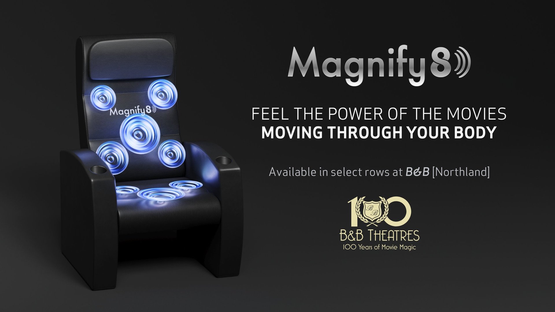 black background. Chair sitting to the left with 8 white circles highlighting the vibrating areas