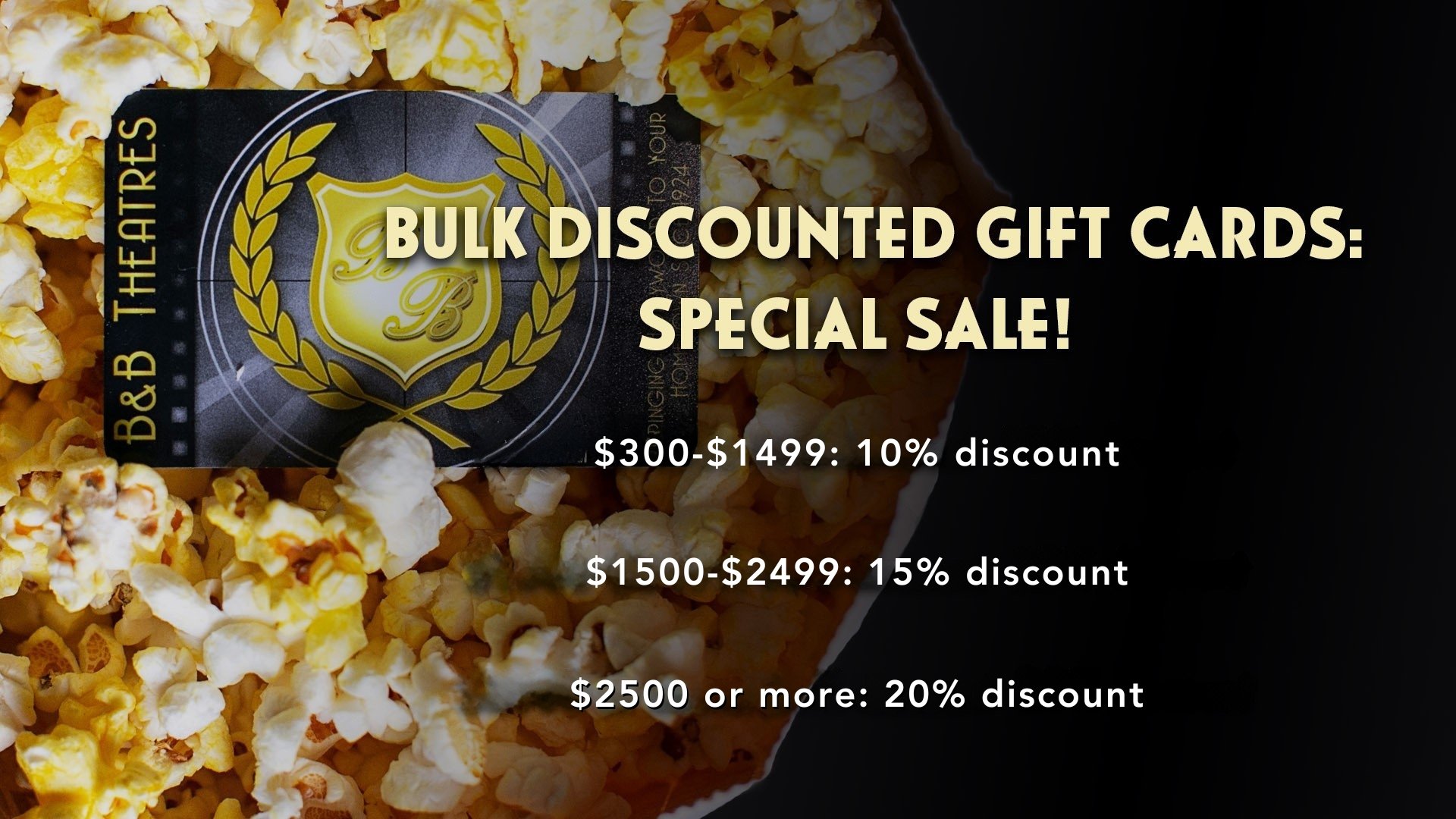 popcorn bag filled with popcorn with a B&B Theatres gift card sitting on top.