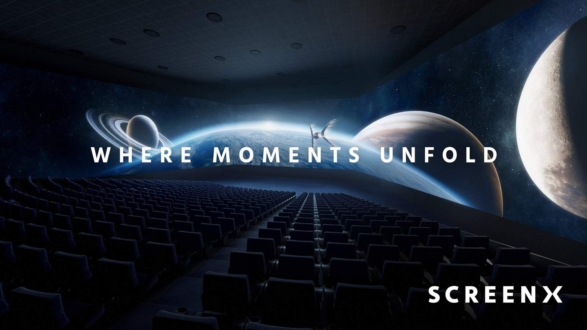 3 walls of screen showing  a wide landscape of space with 4 planets pictured
