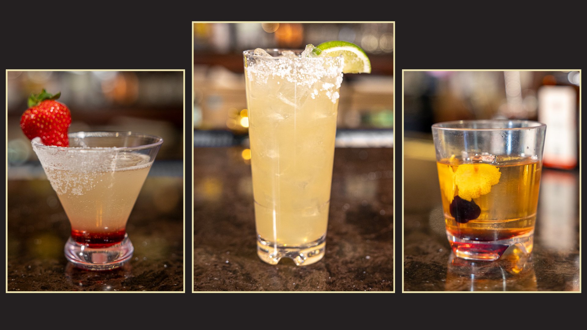 3 separate images of cocktails. around the outside of each image is rectangular frame. from left to right: strawberry mango lemon drop, cinematic margarita, B&B old fashioned.