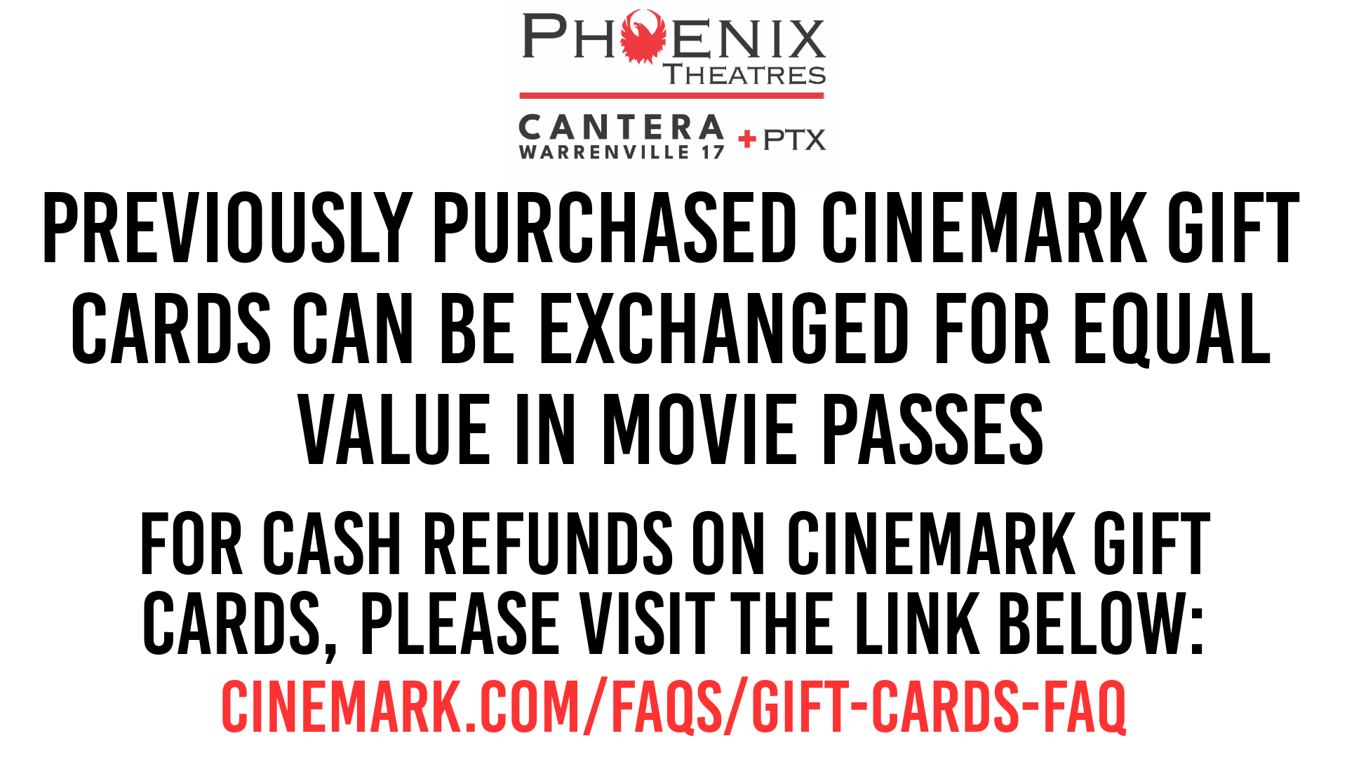 Previously purchased Cinemark giftcards are accepted