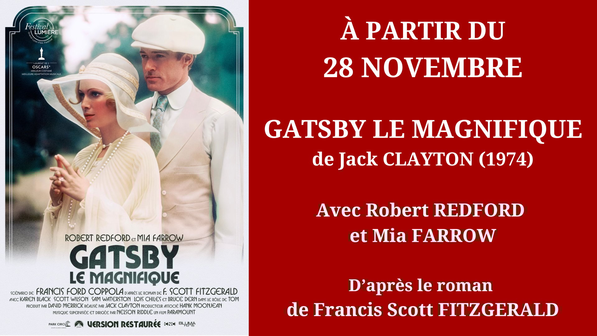 Cinéma Mac Mahon - Gatsby le magnifique - Jack Clayton - Robert Redford - Mia Farrow