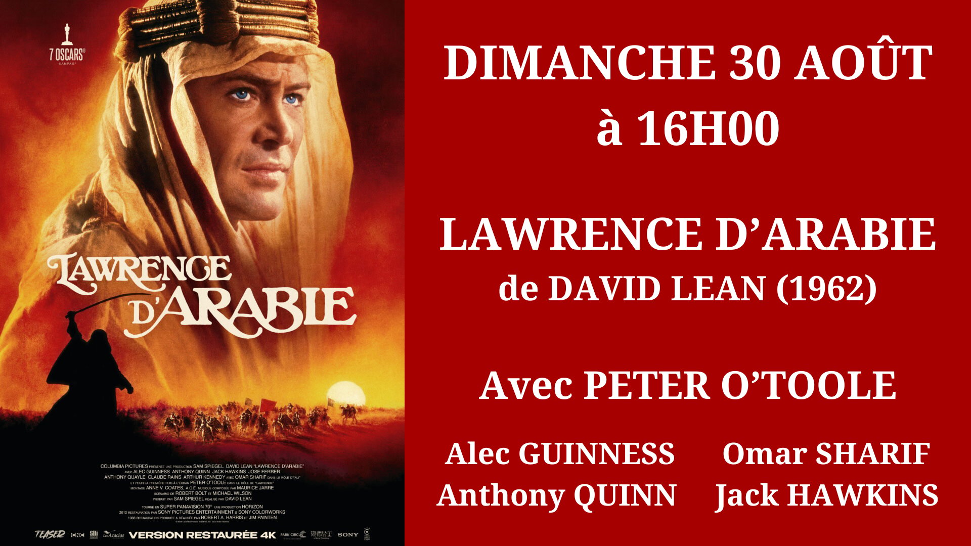 Cinéma Mac Mahon - Lawrence d'Arabie - David Lean - Peter O'Toole