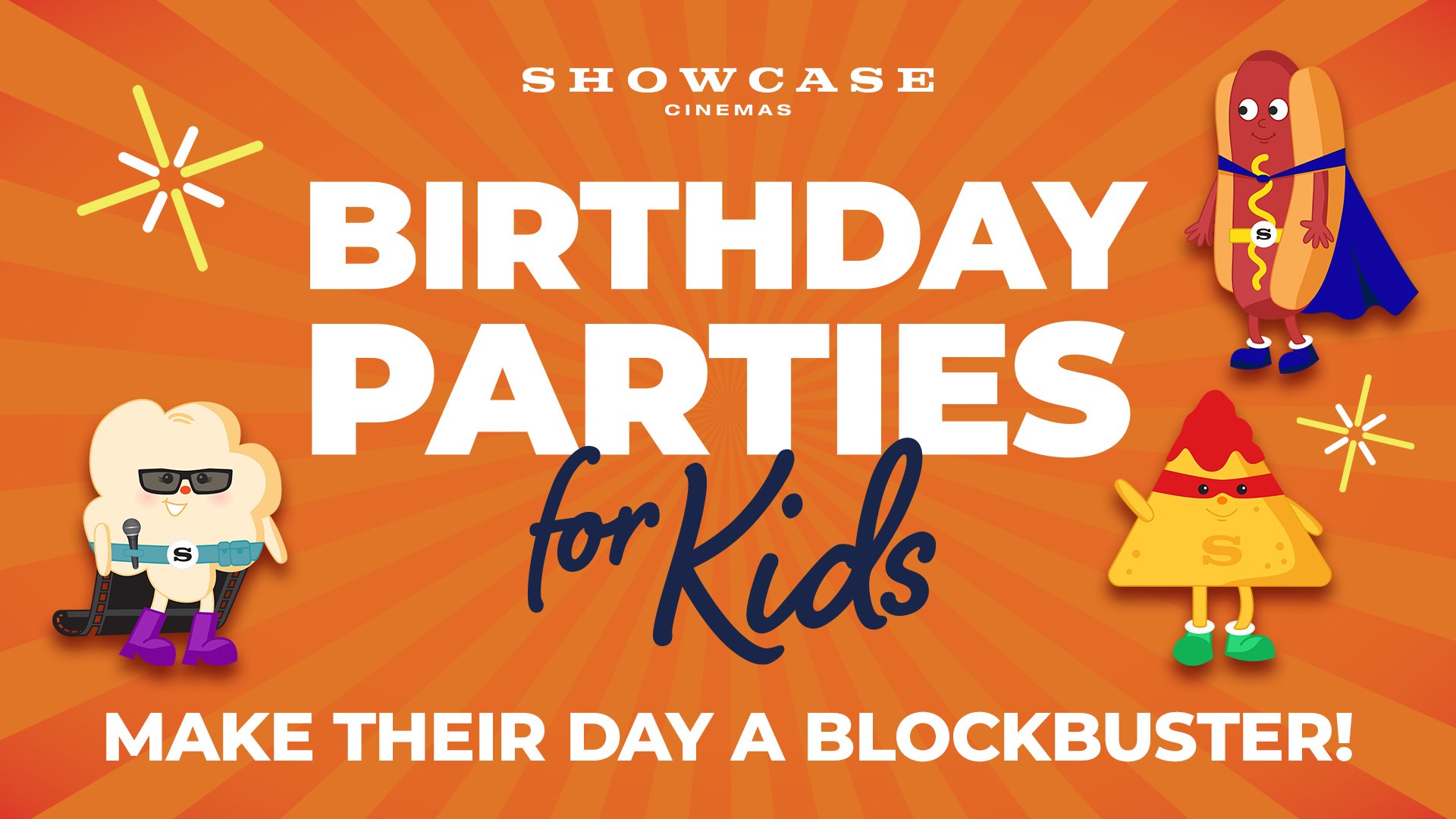 Orange background saying Birthday Parties for Kids