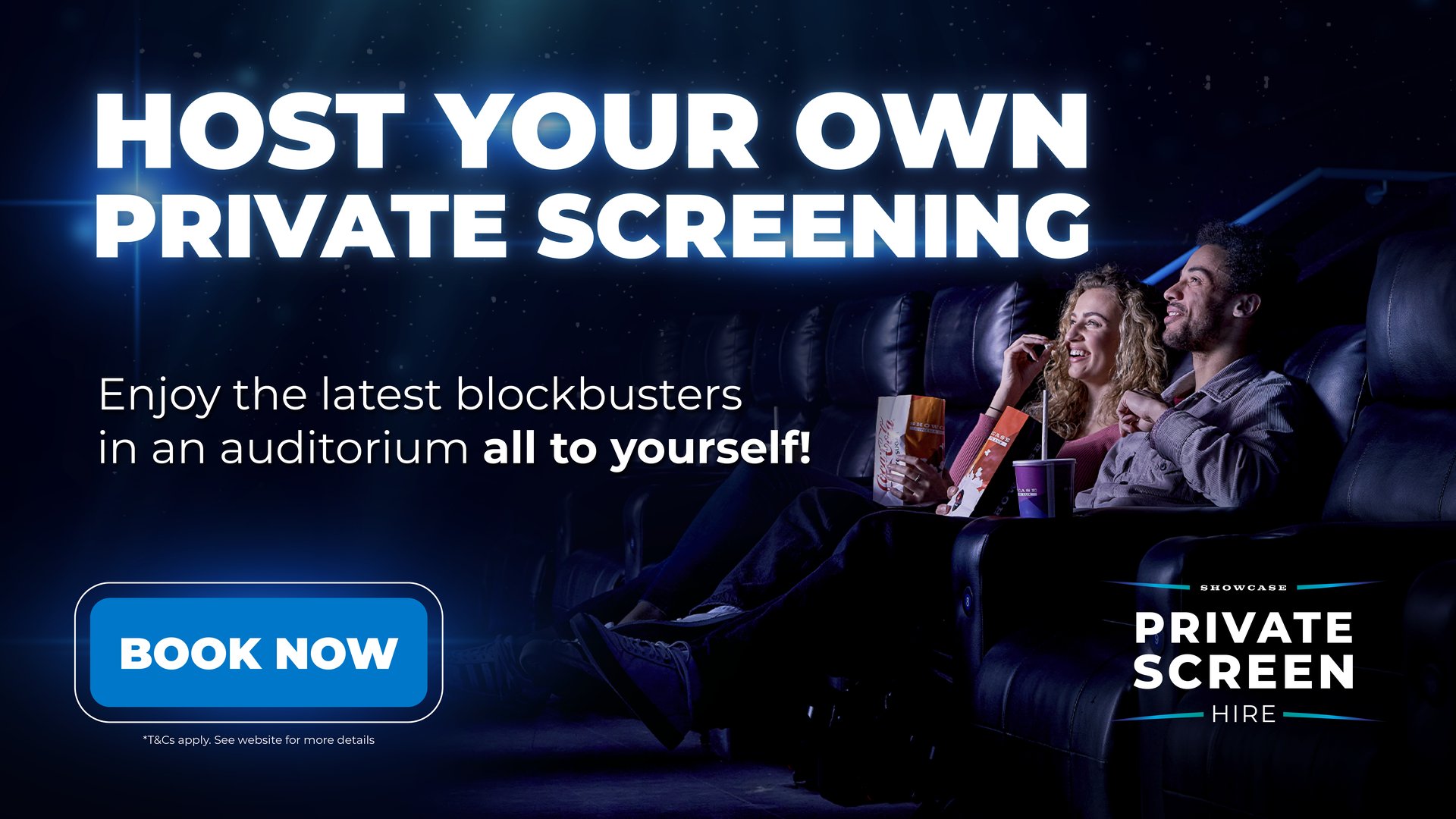 private screen hire in a white font on a dark red background