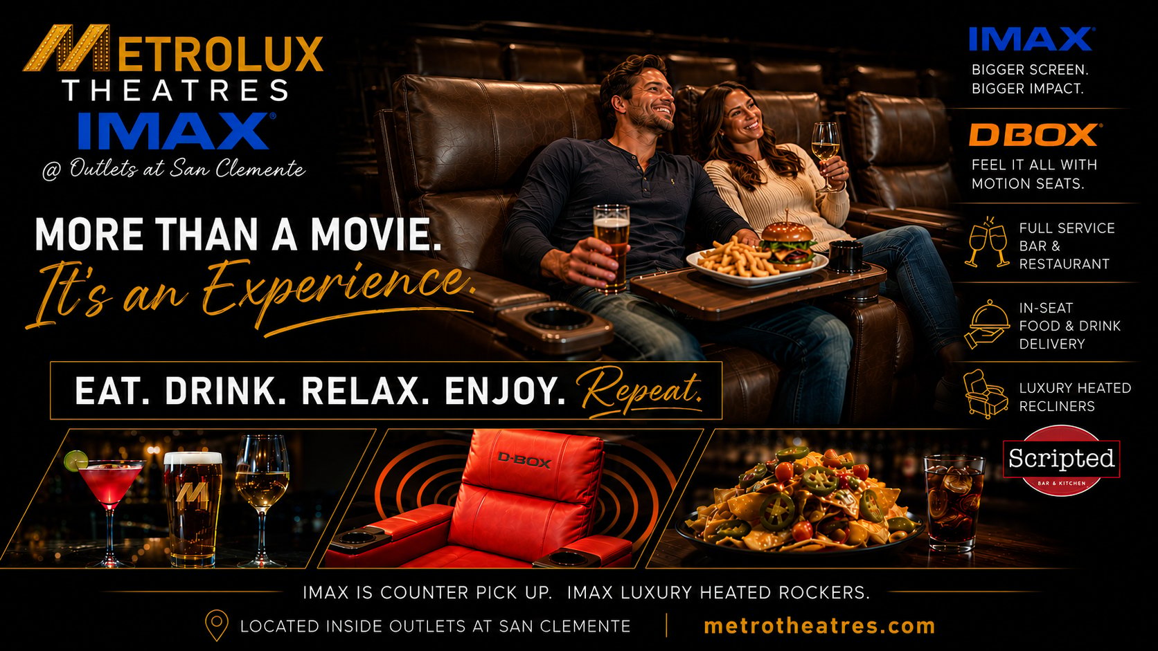 In seat dining. Gourmet food. Full bar.