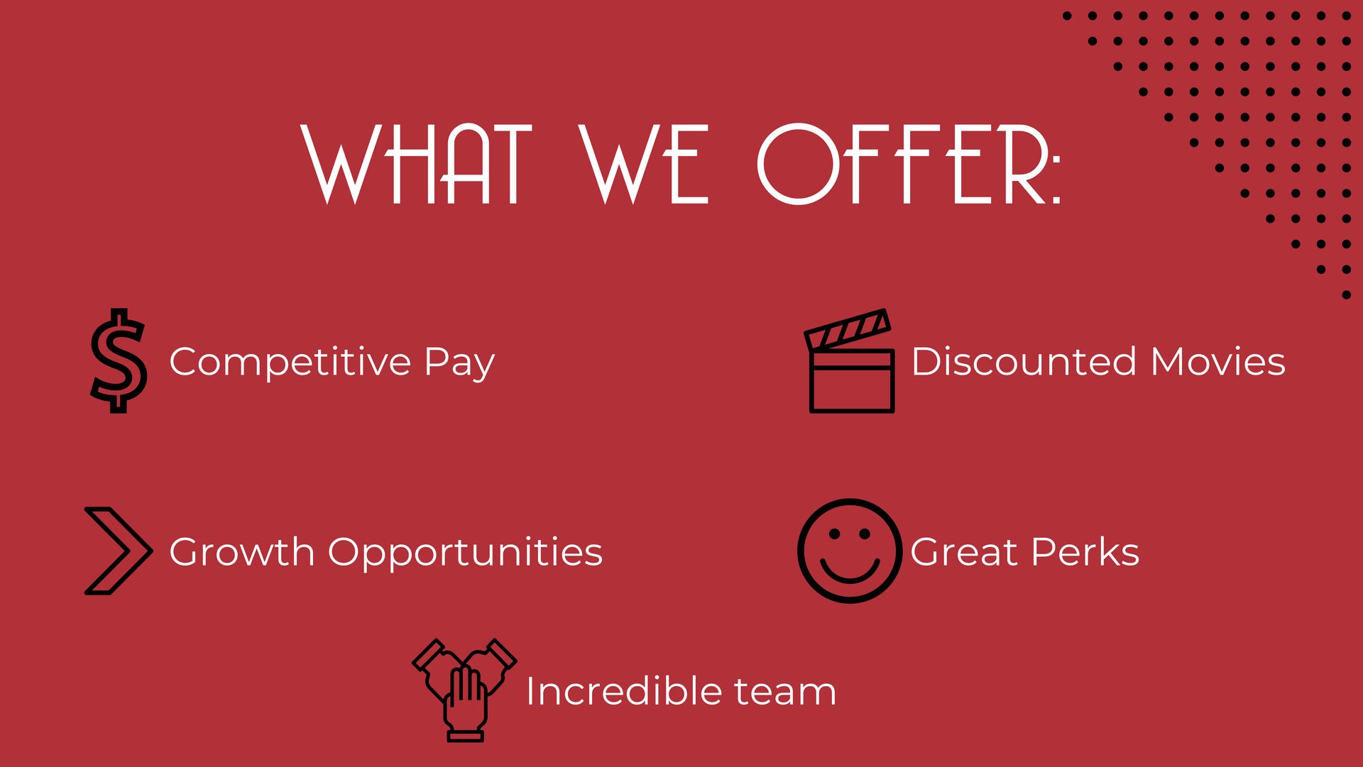 red background with white text describing what we offer for employment