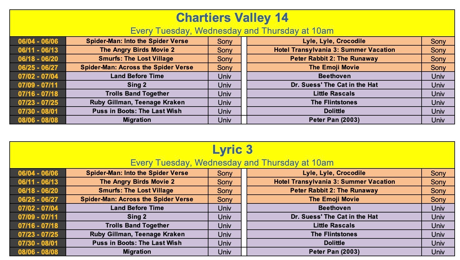 Free summer movie series Chartiers and lyric