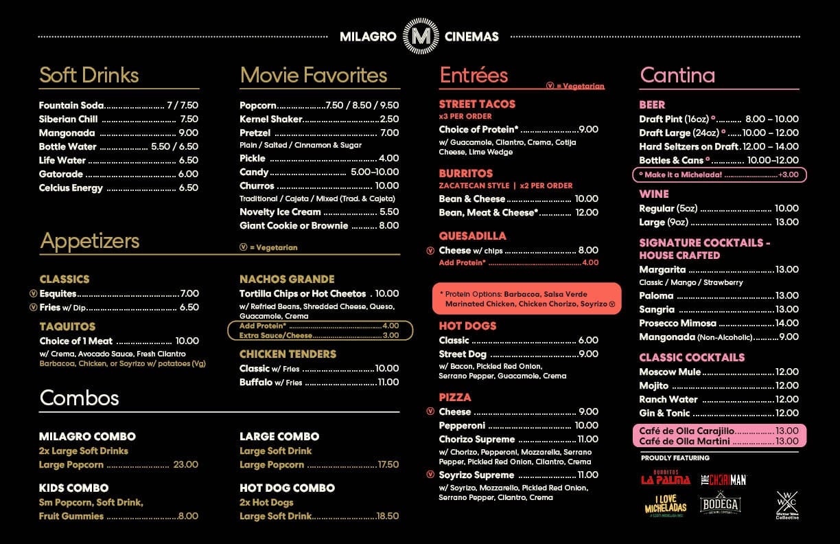 Milagro food & drink menu