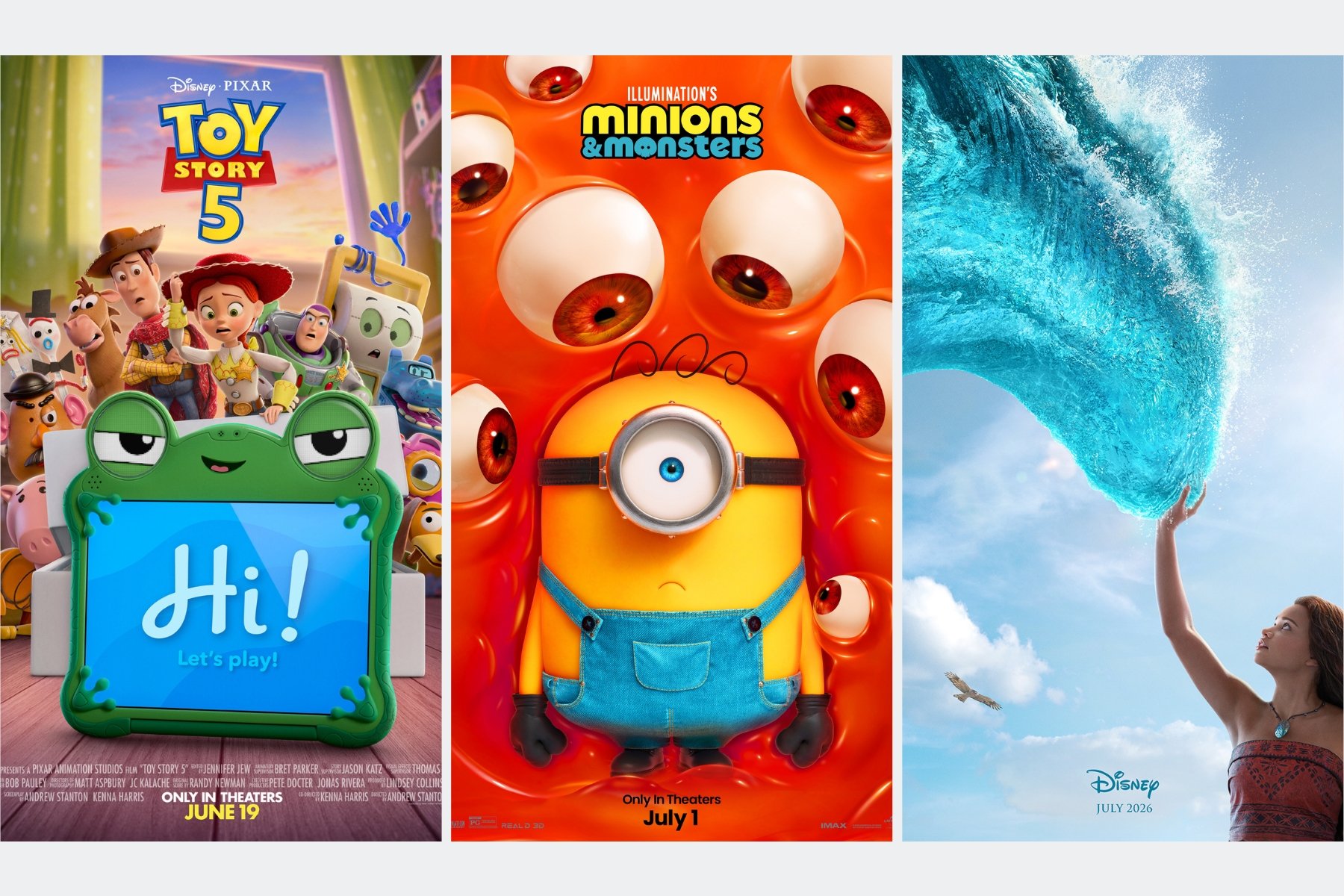 white background. 3 posters featuring Toy Story 5, Minions & Monsters, and Moana