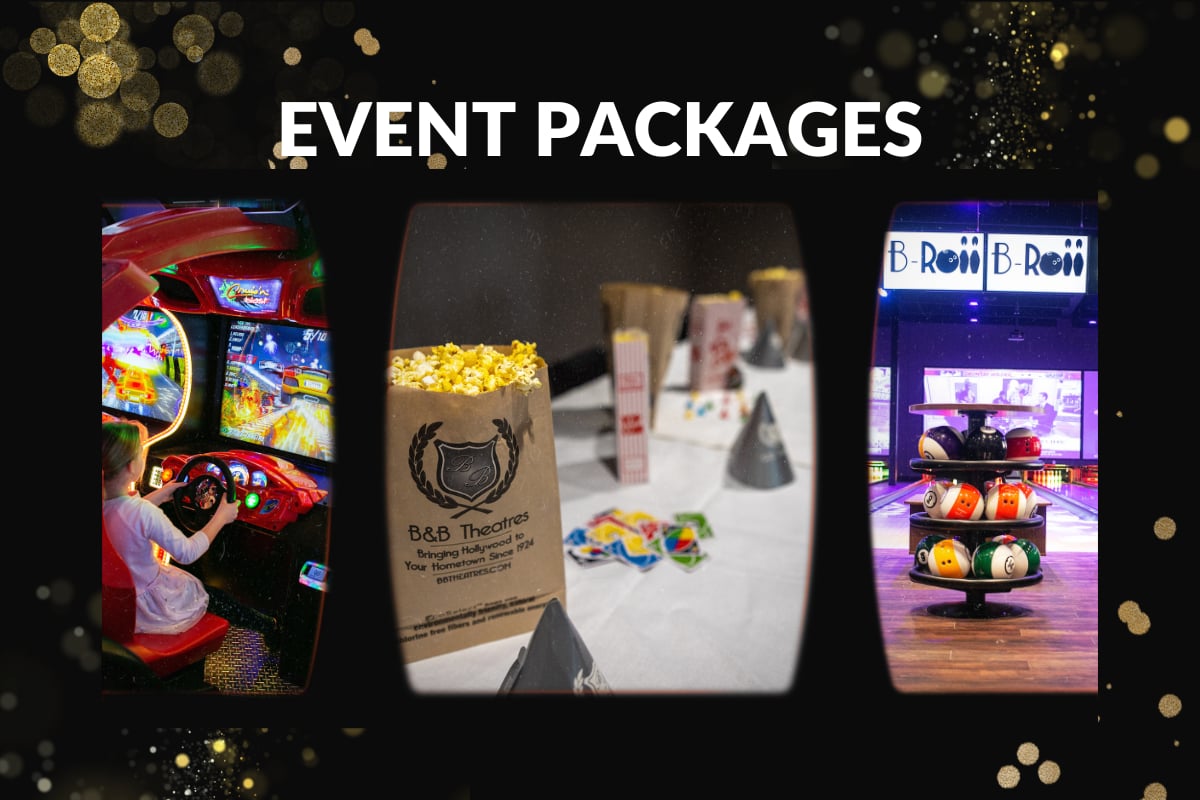 three images, one of arcade game, one of party table with popcorn, one of bowling balls with lanes in the background