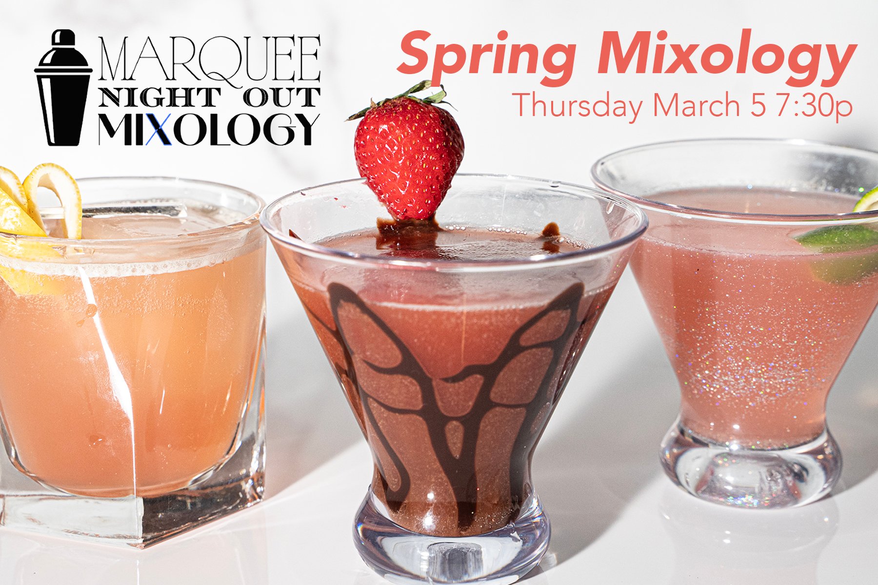 3 cocktails pictured: Cupid's Crush, Chocolate Strawberry Martini, Cutie Pie Cocktail