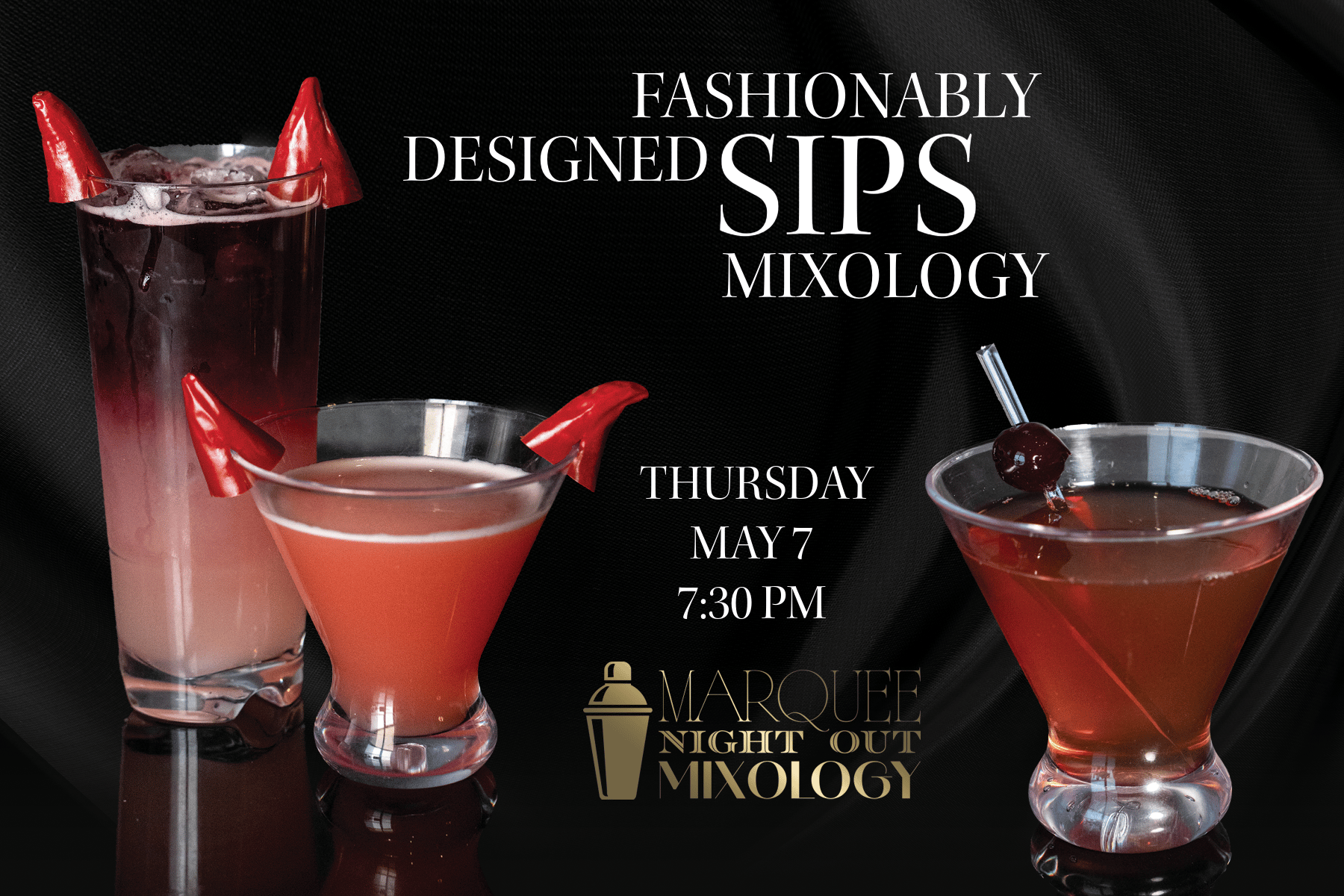 3 cocktails pictured: Cupid's Crush, Chocolate Strawberry Martini, Cutie Pie Cocktail