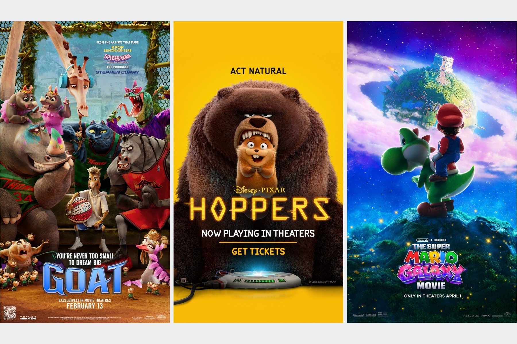 white background. 3 posters featuring Goat, Hoppers, and The Super Mario Galaxy Movie