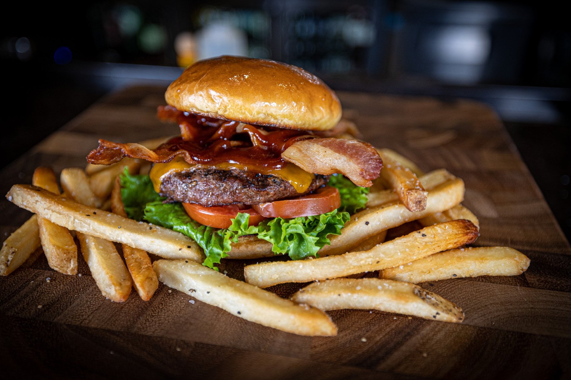 bbq bacon burger and fries