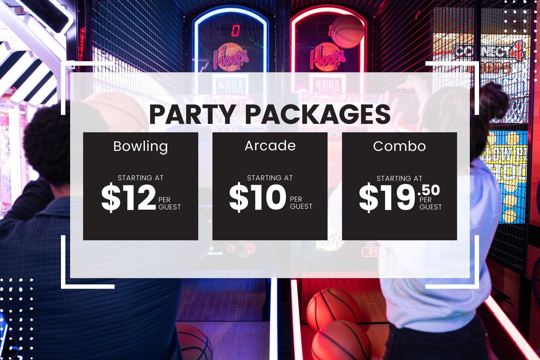 background image of man & woman shooting basketballs into hoops. Text on top reeds "Party Packages" Bowling starting at $12 per guest, Arcade Starting at $10 per Guest, Combo starting at $19.50 per guest.