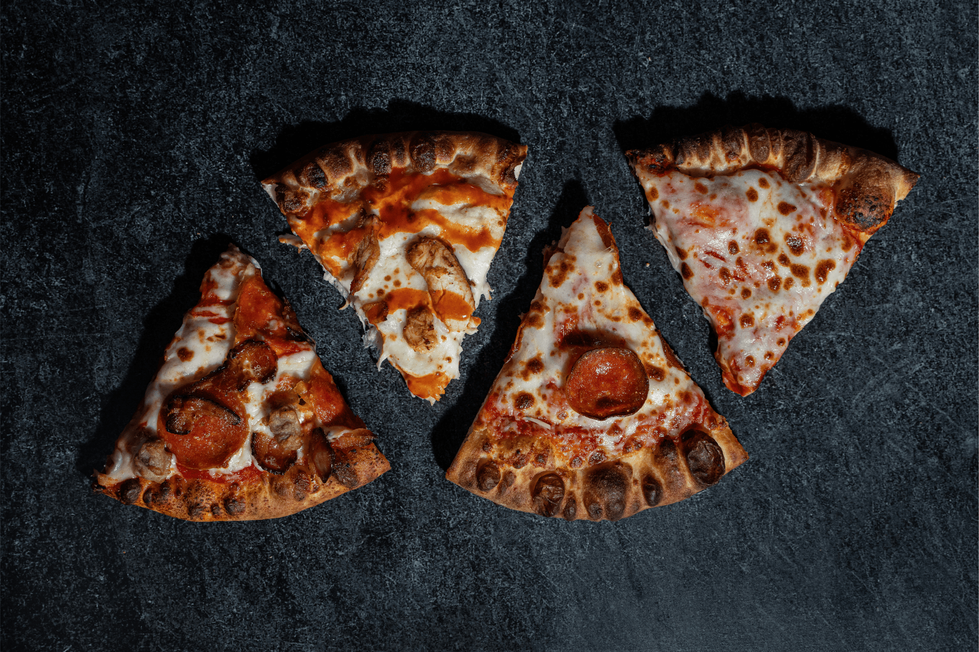 4 slices of pizza alternating directions.