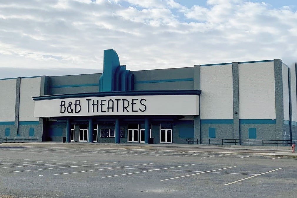 exterior of theatre showing b&b theatres sign