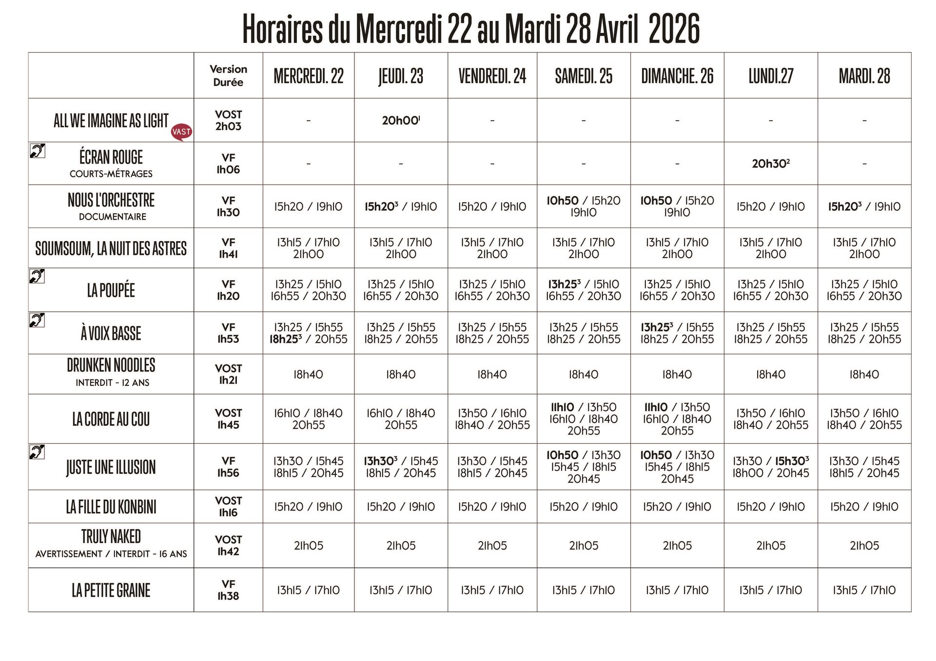 Grille horaire de la semaine