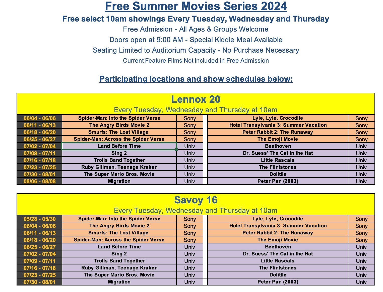 2024 Free Summer Movie Series Schedule 1