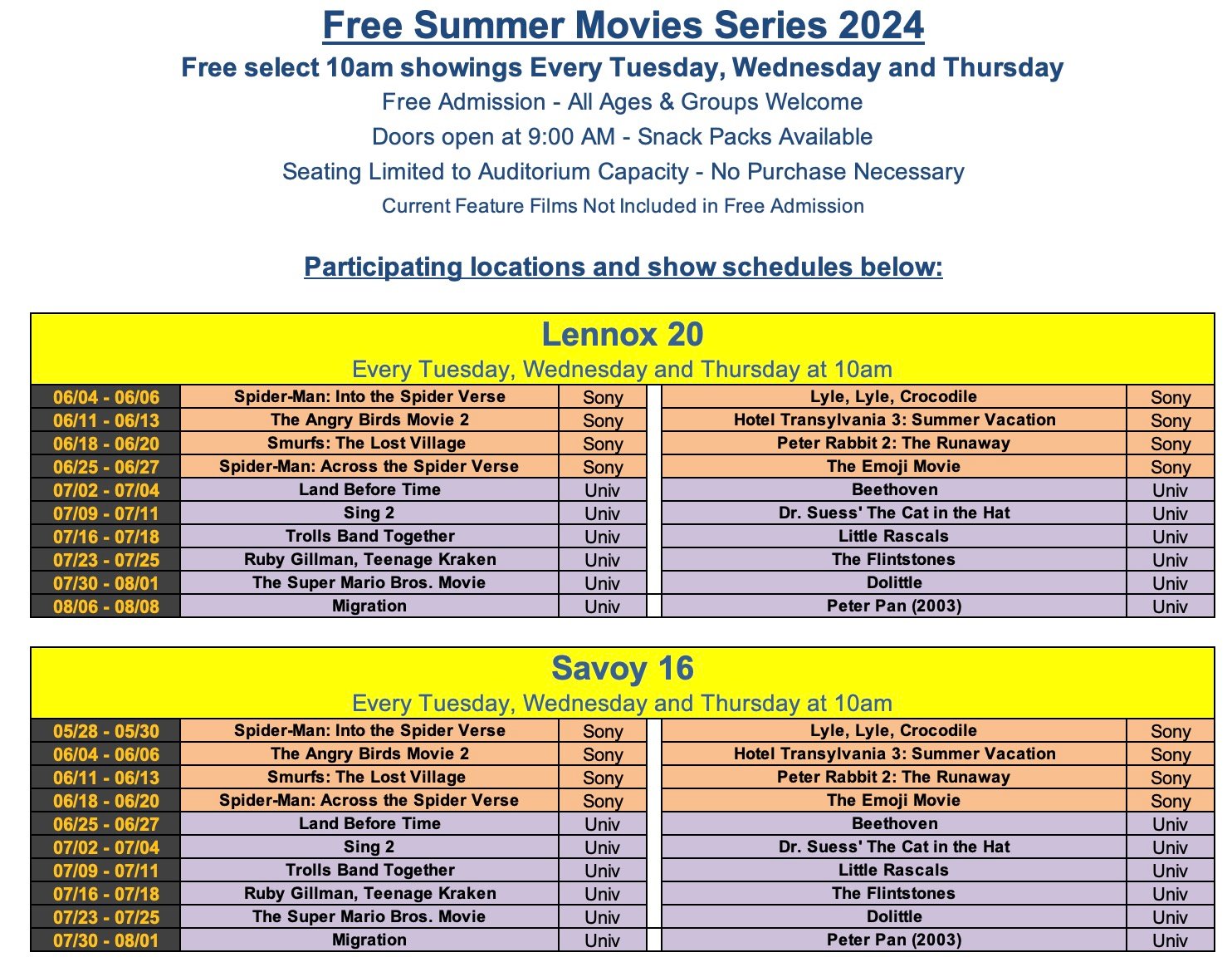2024 Free Summer Movie Series Schedule 1
